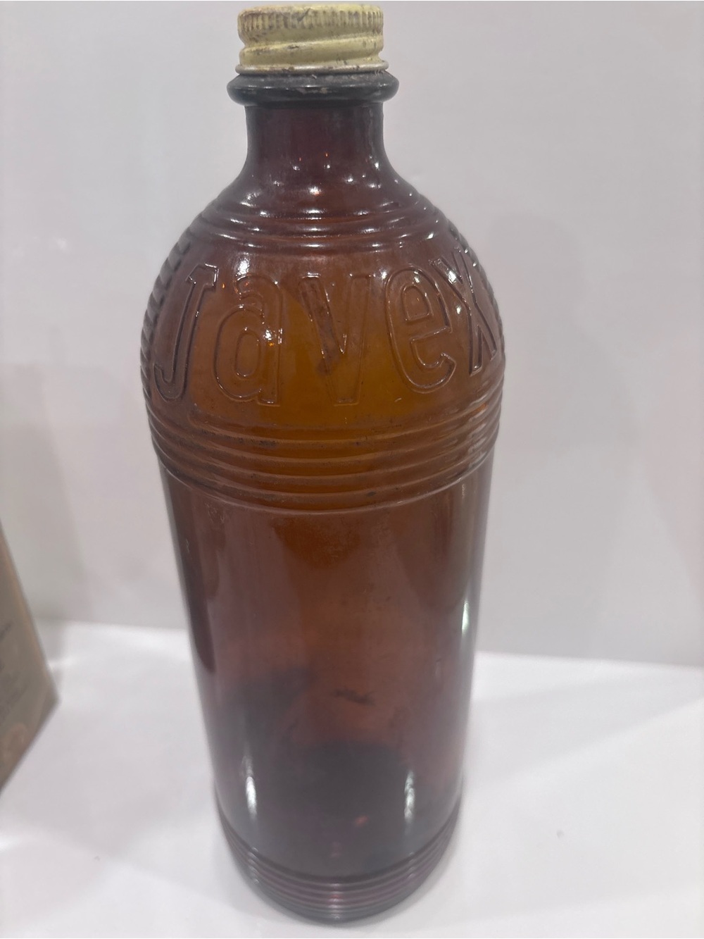 Vintage embossed Javex Amber glass bleach bottle w original cap- Canada